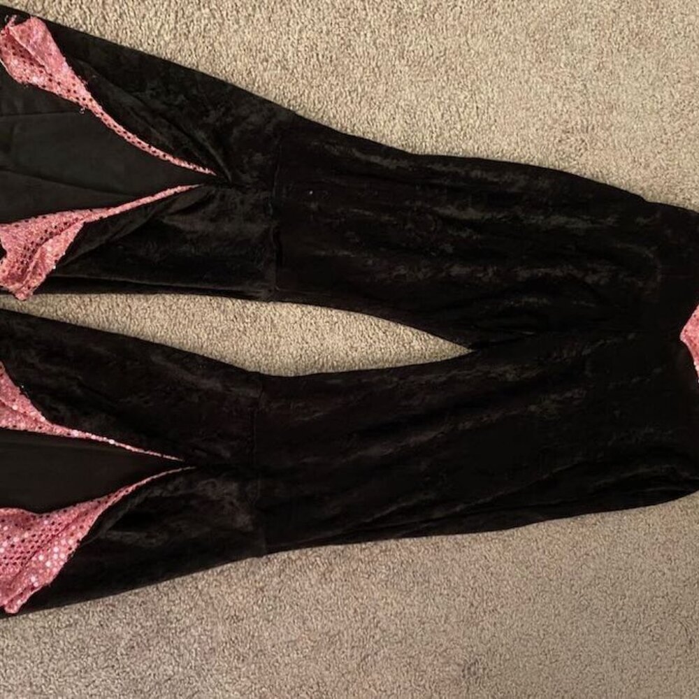 Black Velvet and Pink Sequin Pants stretch wide leg pants